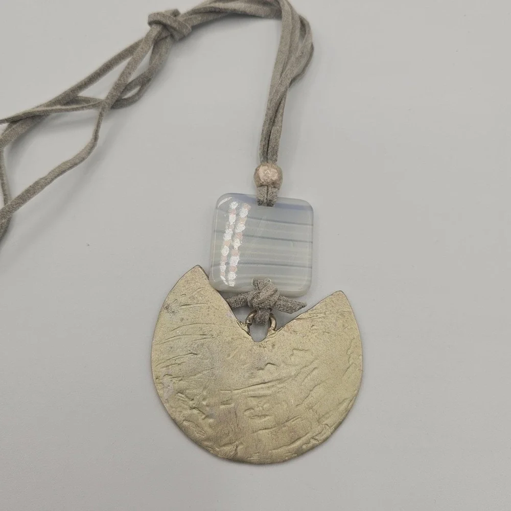 Handmade‎ Pendant Necklace Gray Glass Metal Suede Cord Geometric Boho